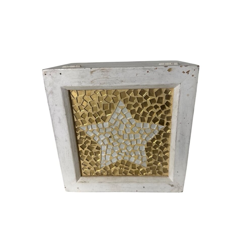 Vintage White Wooden Box With Gold & White Mosaic Star Design 8x8x5